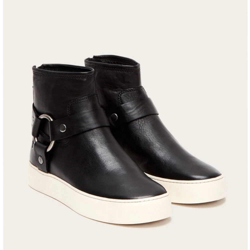 FRYE LENA BLACK LEATHER PLATFORM HARNESS BOOTIE SNEAKER